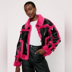 Nasty Gal Vinyl Faux Fur Trimmed Jacket Size Large NWT